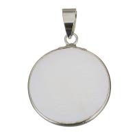 Brass Shell Pendants, with White Shell, Flat Round, silver color plated Approx 