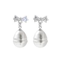Cubic Zirconia Micro Pave Brass Earring, with Plastic Pearl, micro pave cubic zirconia & for woman, white 