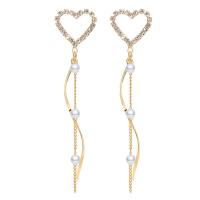 Brass Tassel Earring, with Plastic Pearl, Heart, for woman & with rhinestone, gold 