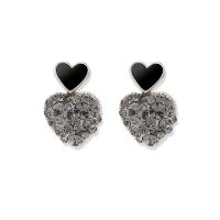 Zinc Alloy Rhinestone Drop Earring, with Acrylic, Heart, plated, for woman & with rhinestone, black 