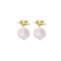 Freshwater Pearl Brass Earring, with Freshwater Pearl, gold color plated, Korean style & for woman, white 