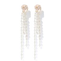 Brass Tassel Earring, with Freshwater Pearl & Crystal, Korean style & for woman, golden 