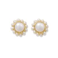 Brass Stud Earring, with Freshwater Pearl, fashion jewelry & Korean style & for woman, golden 