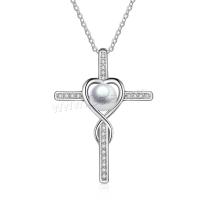 Cubic Zircon Micro Pave Brass Necklace, with Plastic Pearl, Cross, micro pave cubic zirconia & for woman, silver color Approx 20 Inch 