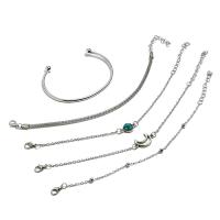 Zinc Alloy Bracelet Set, cuff bangle & bracelet, with turquoise, with 1.7lnch extender chain, silver color plated, 5 pieces & oval chain & for woman, 21mm, 16mm, Inner Approx 66mm Approx 7 Inch, Approx  7.2 Inch 