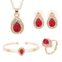 Rhinestone Zinc Alloy Jewelry Set, Stud Earring & cuff bangle & finger ring & necklace, with Crystal, with 1.96lnch extender chain, gold color plated, 4 pieces & oval chain & for woman & with rhinestone Inner Approx 52mm, US Ring  Approx 16.5 Inch 