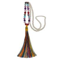 Gemstone Sweater Necklace, with Cotton Thread & Plastic Pearl, Tassel, Unisex 120mm, 8mm, 6mm Approx 31.4 Inch 