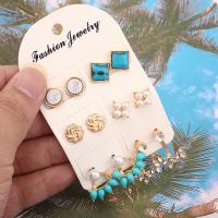 Zinc Alloy Stud Earring Set, with turquoise & Plastic Pearl, stainless steel post pin, plated, 6 pieces & for woman & with rhinestone, golden 