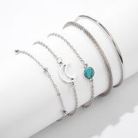 Zinc Alloy Bracelet Set, cuff bangle & bracelet, with turquoise, plated, 5 pieces & fashion jewelry & for woman, silver color 