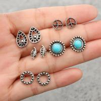 Zinc Alloy Stud Earring Set, with turquoise, stainless steel post pin, plated, for woman & with rhinestone, silver color 