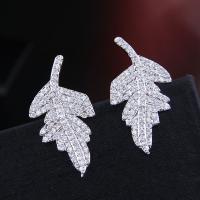 Brass Stud Earring, with Cubic Zirconia, stainless steel post pin, Leaf, plated, for woman, silver color, 25*13mm 