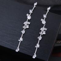 Cubic Zircon Brass Earring, with Cubic Zirconia, stainless steel post pin, plated, for woman, silver color, 98*10mm 