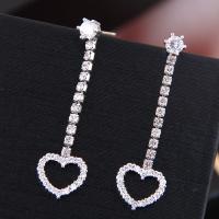 Cubic Zircon Brass Earring, with Cubic Zirconia, stainless steel post pin, Heart, plated, for woman, silver color, 40*12mm  