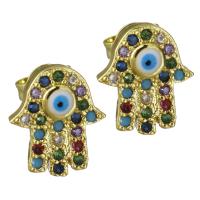 Brass Stud Earring, Evil Eye Hamsa, real gold plated, micro pave cubic zirconia & for woman 