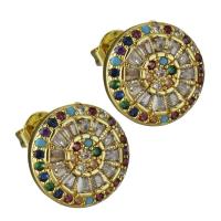 Brass Stud Earring, Flat Round, real gold plated, micro pave cubic zirconia & for woman 