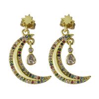 Cubic Zirconia Micro Pave Brass Earring, Moon, real gold plated, micro pave cubic zirconia & for woman 27.5mm 