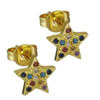 Brass Stud Earring, Star, real gold plated, micro pave cubic zirconia & for woman 