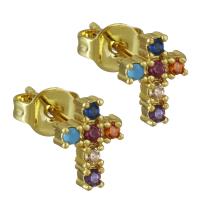 Brass Stud Earring, Cross, real gold plated, micro pave cubic zirconia & for woman 