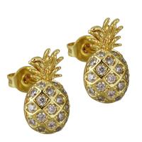 Brass Stud Earring, Pineapple, real gold plated, micro pave cubic zirconia & for woman 