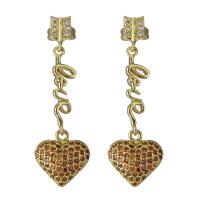 Cubic Zirconia Micro Pave Brass Earring, Heart, real gold plated, micro pave cubic zirconia & for woman 36mm 