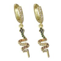Brass Huggie Hoop Drop Earring, Snake, real gold plated, micro pave cubic zirconia & for woman 33mm 