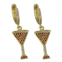Brass Huggie Hoop Drop Earring, Cup, real gold plated, micro pave cubic zirconia & for woman 33mm 
