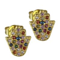 Brass Stud Earring, Hamsa, real gold plated, micro pave cubic zirconia & for woman 