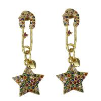 Cubic Zirconia Micro Pave Brass Earring, Star, real gold plated, micro pave cubic zirconia & for woman 34mm 