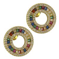 Brass Stud Earring, Donut, real gold plated, micro pave cubic zirconia & for woman 