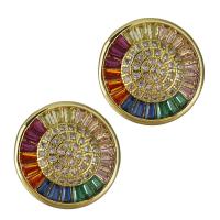 Brass Stud Earring, Flat Round, real gold plated, micro pave cubic zirconia & for woman 