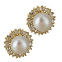 Brass Stud Earring, with Plastic Pearl, real gold plated, micro pave cubic zirconia & for woman 