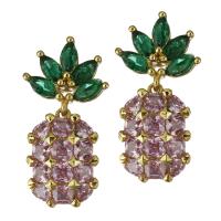 Cubic Zircon Brass Earring, Pineapple, real gold plated, for woman & with cubic zirconia 25mm 