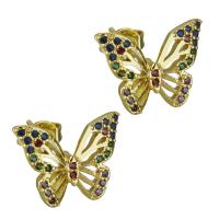 Brass Stud Earring, Butterfly, real gold plated, micro pave cubic zirconia & for woman 