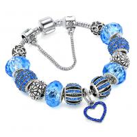 Zinc Alloy European Bracelets, with Crystal, Heart, silver color plated & for woman & with rhinestone, blue 