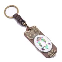 Leather Key Clasp, with Glass & Zinc Alloy, Owl, gold color plated, durable & hardwearing & time gem jewelry & Unisex, brown 