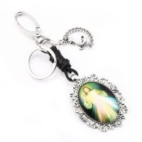 Leather Key Clasp, with Glass & Zinc Alloy, silver color plated, durable & hardwearing & time gem jewelry & Unisex 