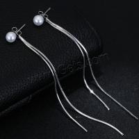 Brass Thread Through Earrings, with Plastic Pearl, stainless steel post pin, plated, for woman, silver color, 70*5mm 