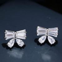 Cubic Zircon Brass Earring, with Cubic Zirconia, stainless steel post pin, plated, for woman, silver color, 13*12mm 
