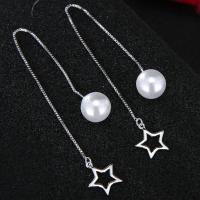 Brass Thread Through Earrings, with Plastic Pearl, stainless steel post pin, plated, for woman, silver color, 110*10mm 