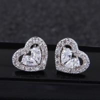 Cubic Zircon Brass Earring, with Cubic Zirconia, stainless steel post pin, plated, for woman, silver color, 12*10mm 