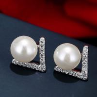 Cubic Zircon Brass Earring, with Cubic Zirconia & Plastic Pearl, sterling silver post pin, plated, for woman 15mm 