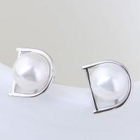 Brass Stud Earring, with Plastic Pearl, stainless steel post pin, plated, for woman, silver color, 10mm 