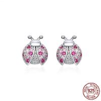 Sterling Silver Stud Earring, 925 Sterling Silver, Ladybug, platinum plated, micro pave cubic zirconia & for woman 