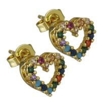 Brass Stud Earring, Heart, real gold plated, micro pave cubic zirconia & for woman 