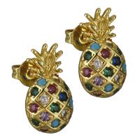 Brass Stud Earring, Pineapple, real gold plated, micro pave cubic zirconia & for woman 