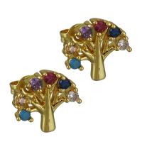 Brass Stud Earring, Tree, real gold plated, micro pave cubic zirconia & for woman 