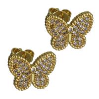 Brass Stud Earring, Butterfly, real gold plated, micro pave cubic zirconia & for woman 