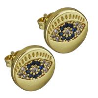 Brass Stud Earring, Flat Round, real gold plated, micro pave cubic zirconia & for woman 