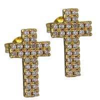 Brass Stud Earring, Cross, real gold plated, micro pave cubic zirconia & for woman 