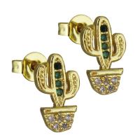 Brass Stud Earring, Opuntia Stricta, real gold plated, micro pave cubic zirconia & for woman 